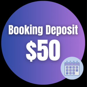 Booking deposit graphic featuring "$50" in bold white text on a gradient purple background with a calendar icon, relevant to wellness service reservations at Combat Medic Wellness.