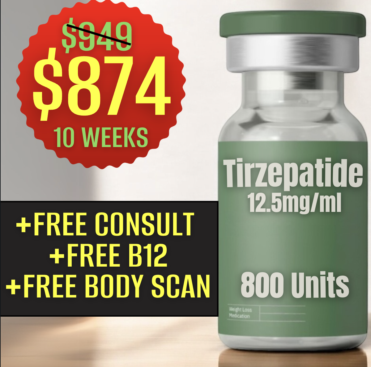800 Units Tirzepatide $874 (10 Weeks)