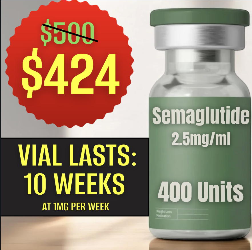 Semaglutide vial pricing at $424, lasts 10 weeks at 1mg per week, 400 units, weight loss medication promotion.