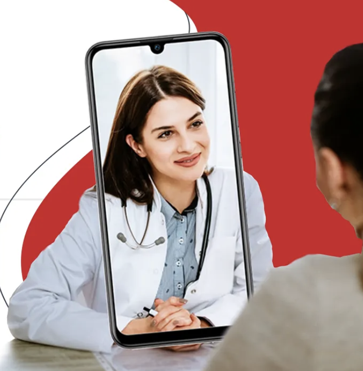 Doctor on smartphone screen conducting a virtual consultation, emphasizing telehealth services provided by Combat Medic Wellness for same-day urgent care.