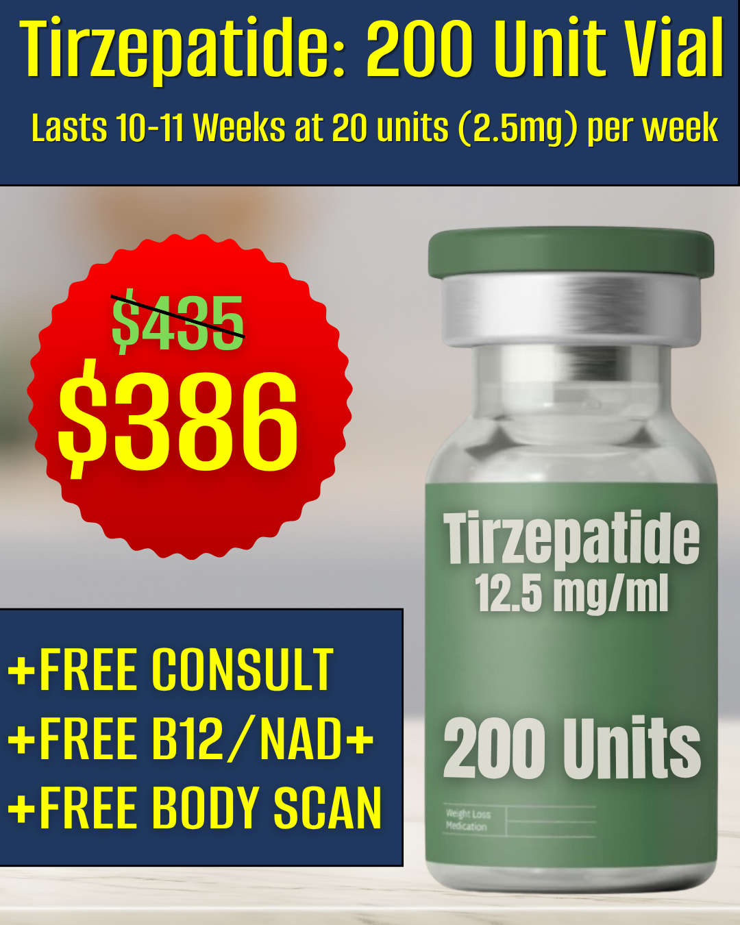 Tirzepatide 200 unit vial — lasts 10-11 weeks — $386 sale (was $435)
